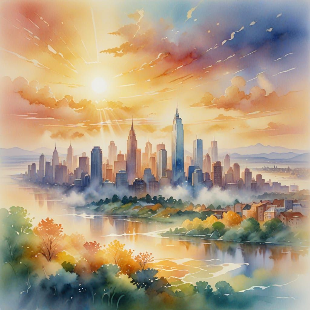 Ethereal Watercolor Cityscape at Dawn