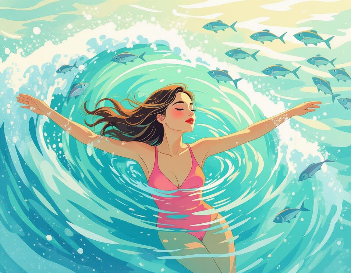 Ethereal Ocean Swim in Watercolor Style