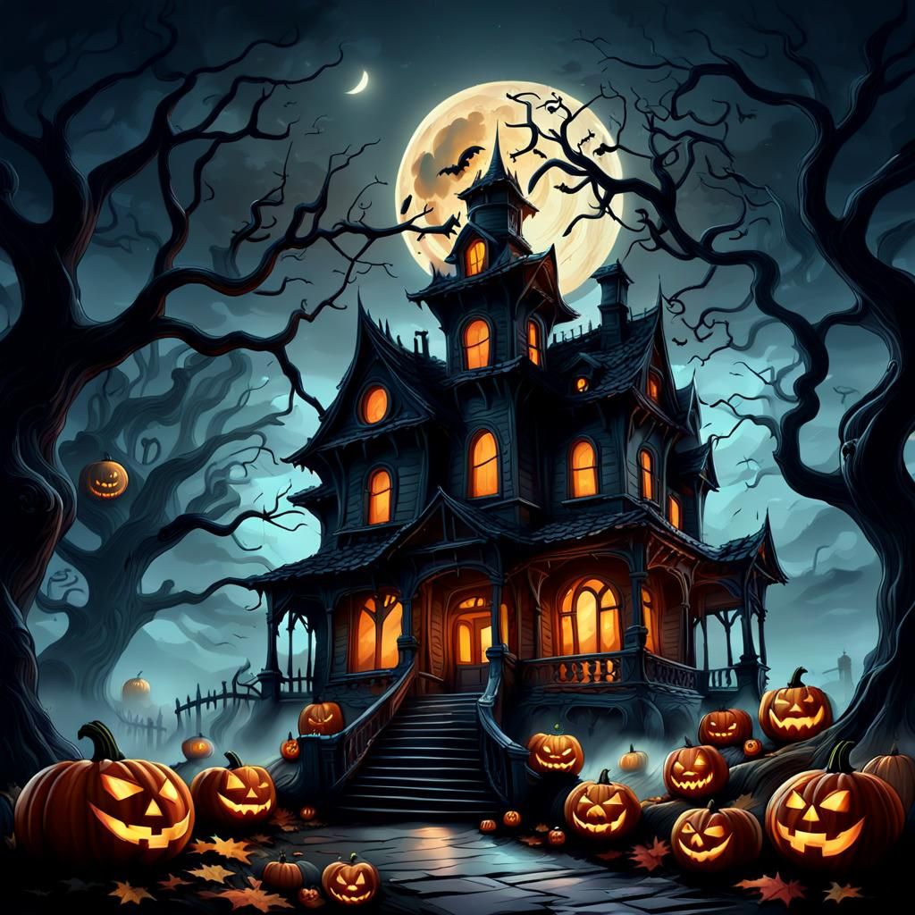 Eerie Haunted House in Foggy, Spooky October Illustration