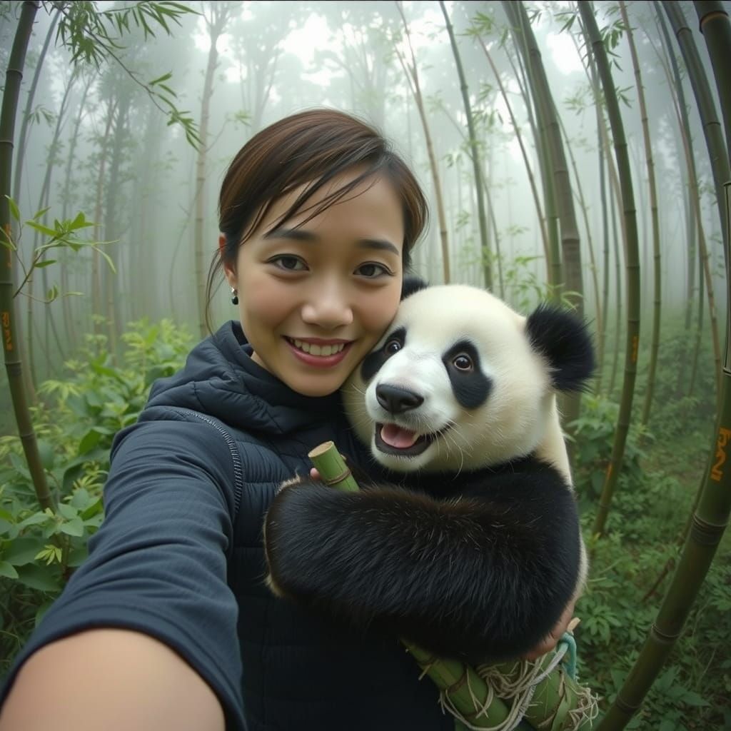 Asian Woman Takes Selfie With Panda in Misty Forest