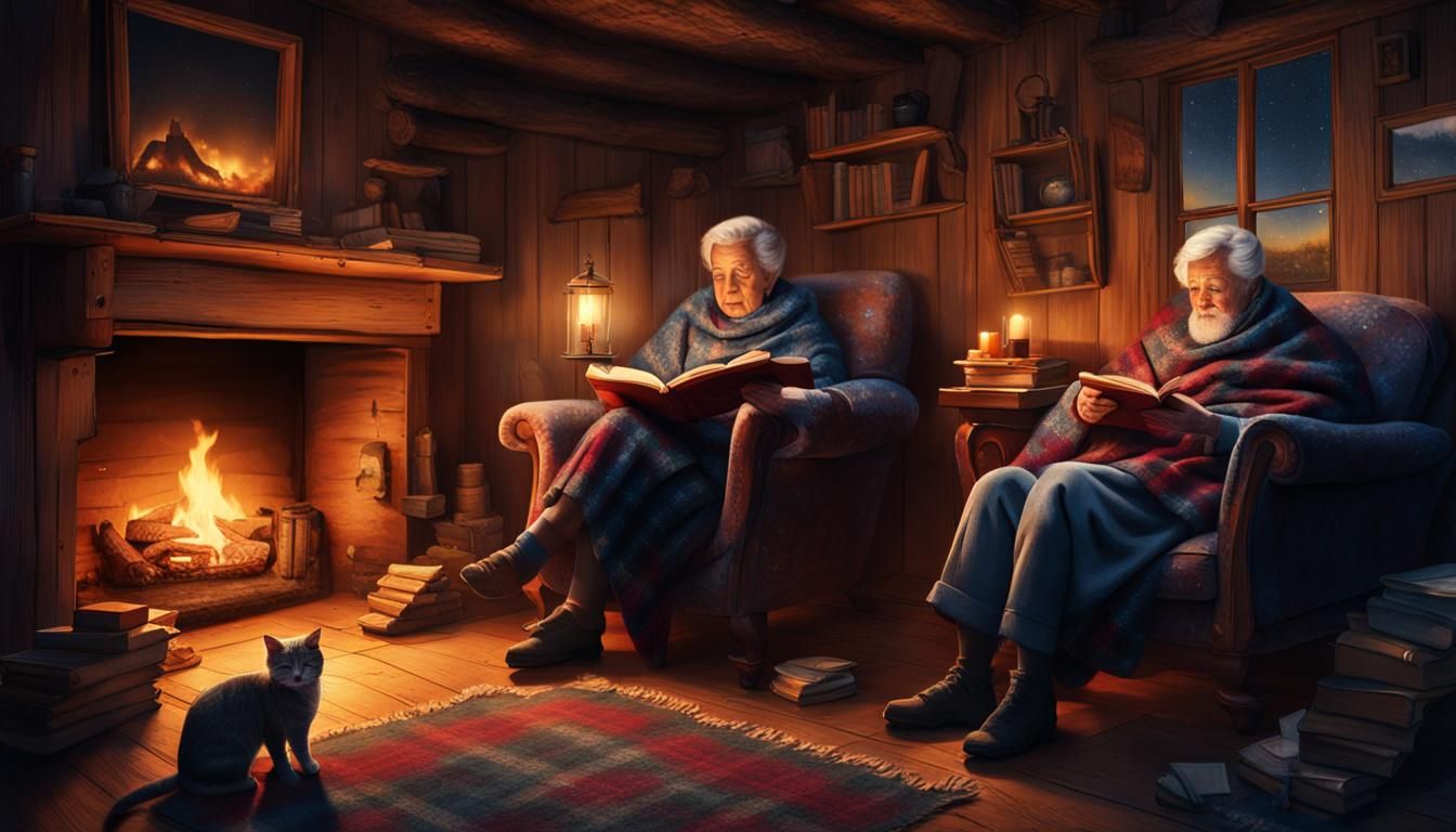 Cozy Evening: Elderly Couple Reading by Fireplace