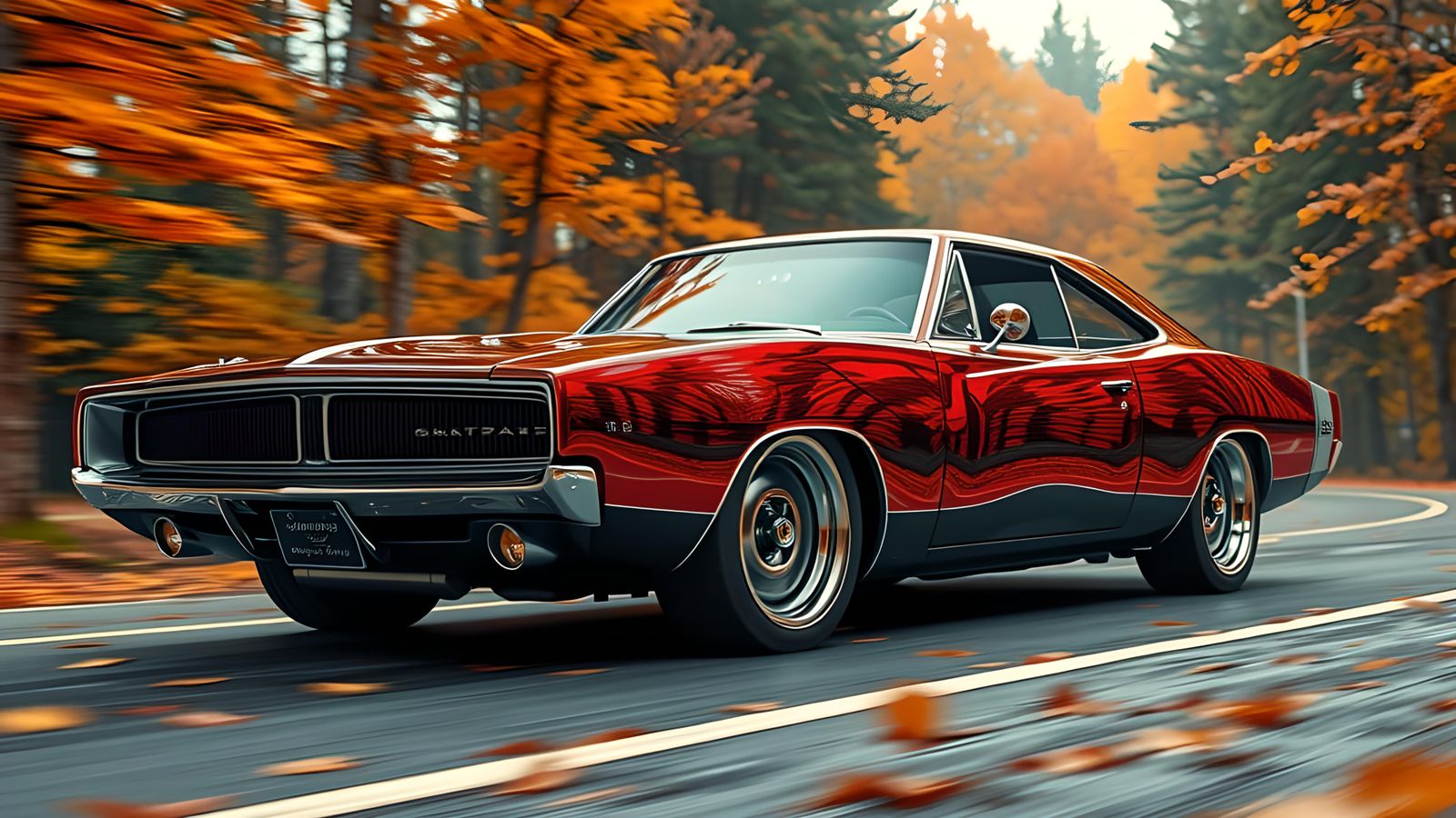 Cyberpunk Dodge Charger Reflects Autumn Forest