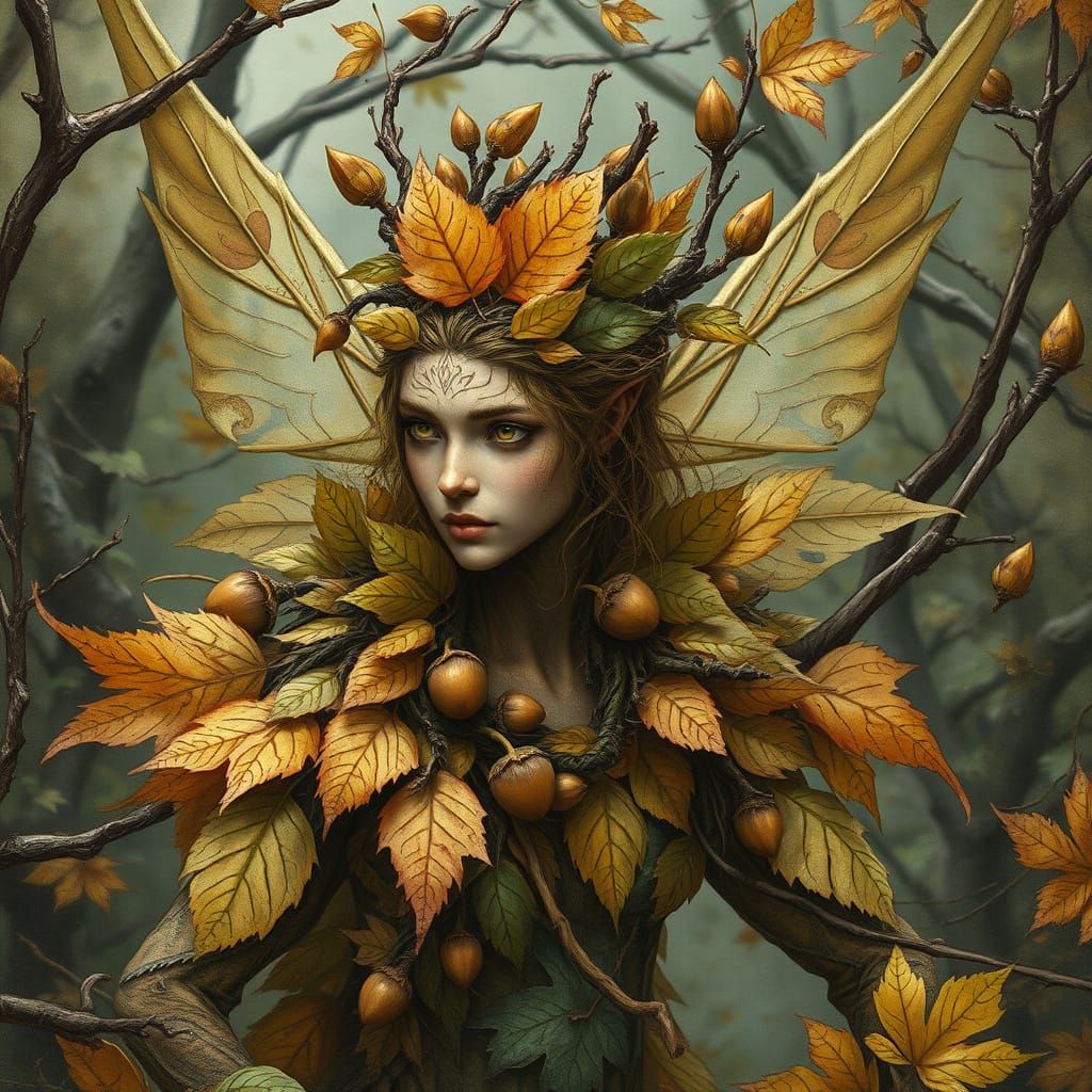 Autumnal Woodland Enchantress in Intricate Leaf and Twig Wea...
