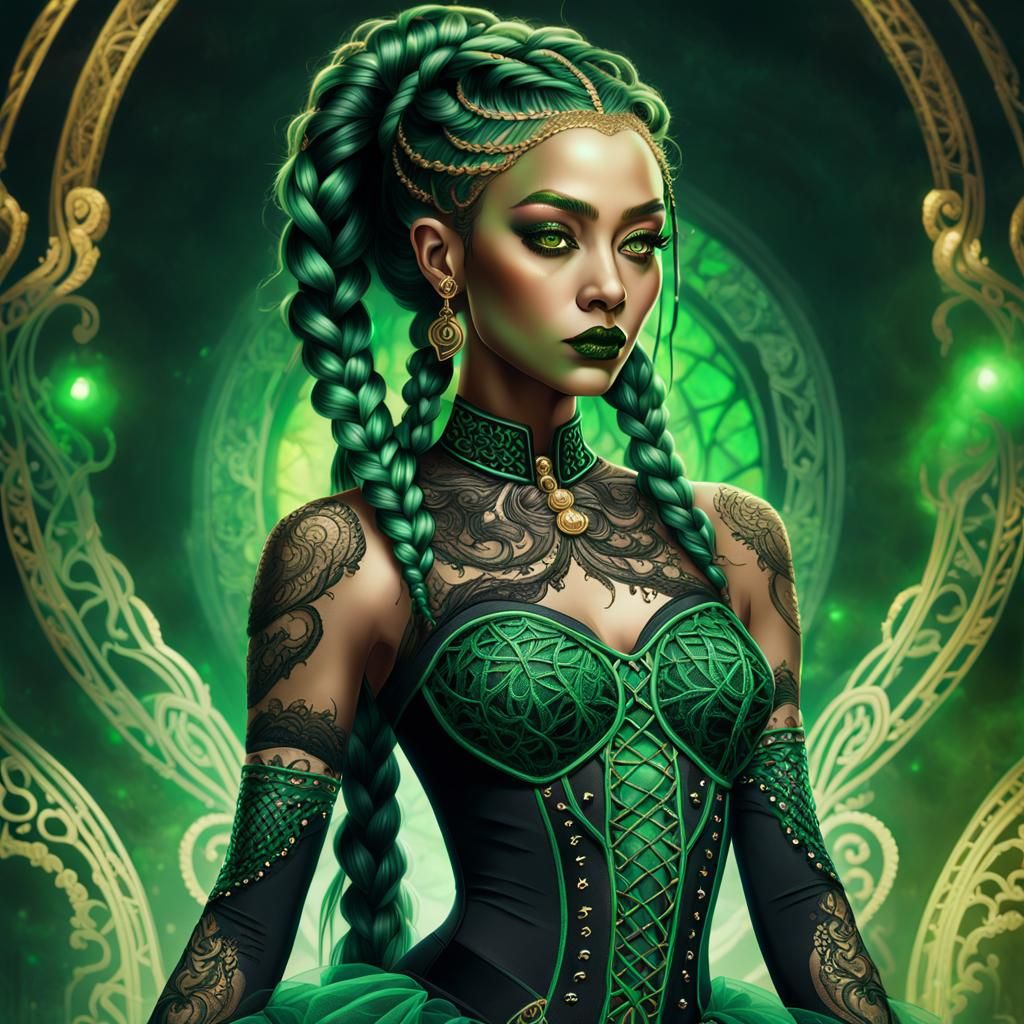 Fantasy Portrait with Jade Braids in Digital Art Style
