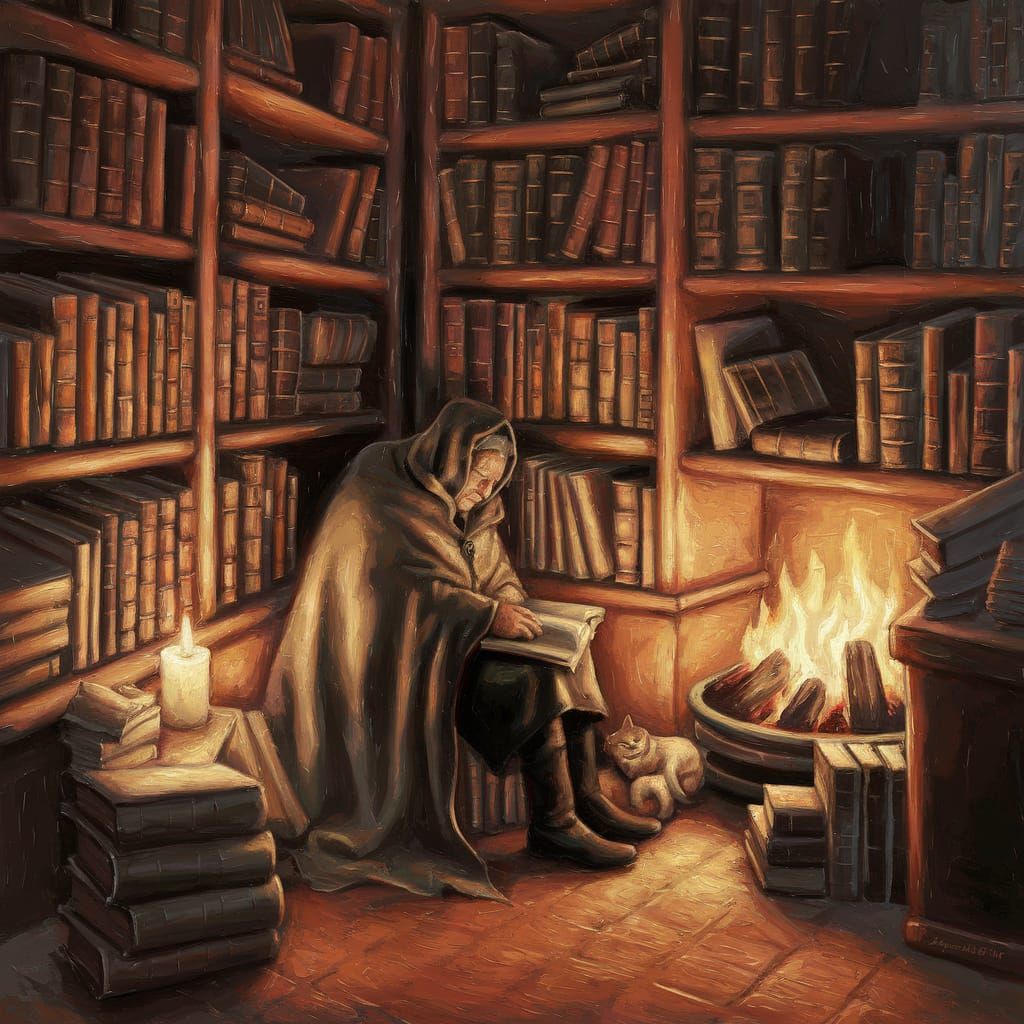 Warm and Inviting Oil Painting of a Cozy Old Bookshop
