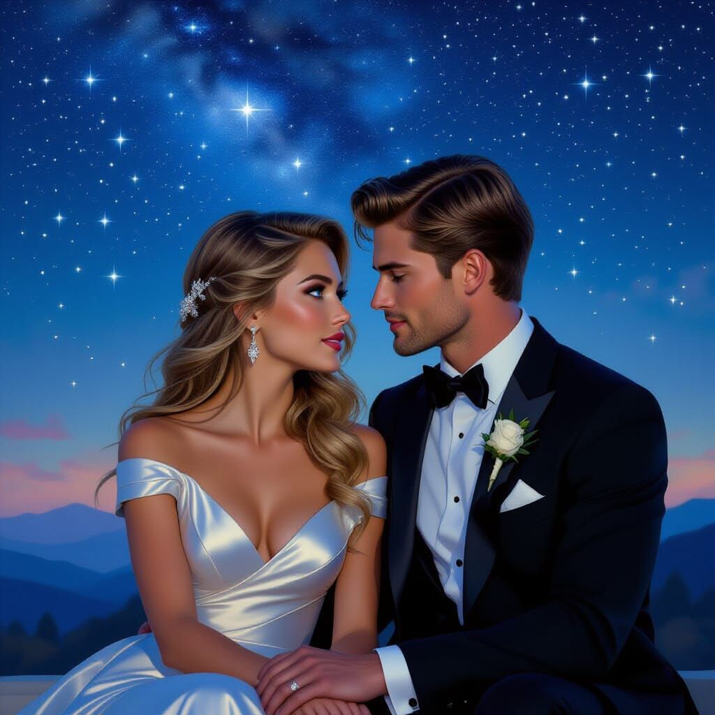 Star-Crossed Lovers Under Celestial Sky in Painterly Style