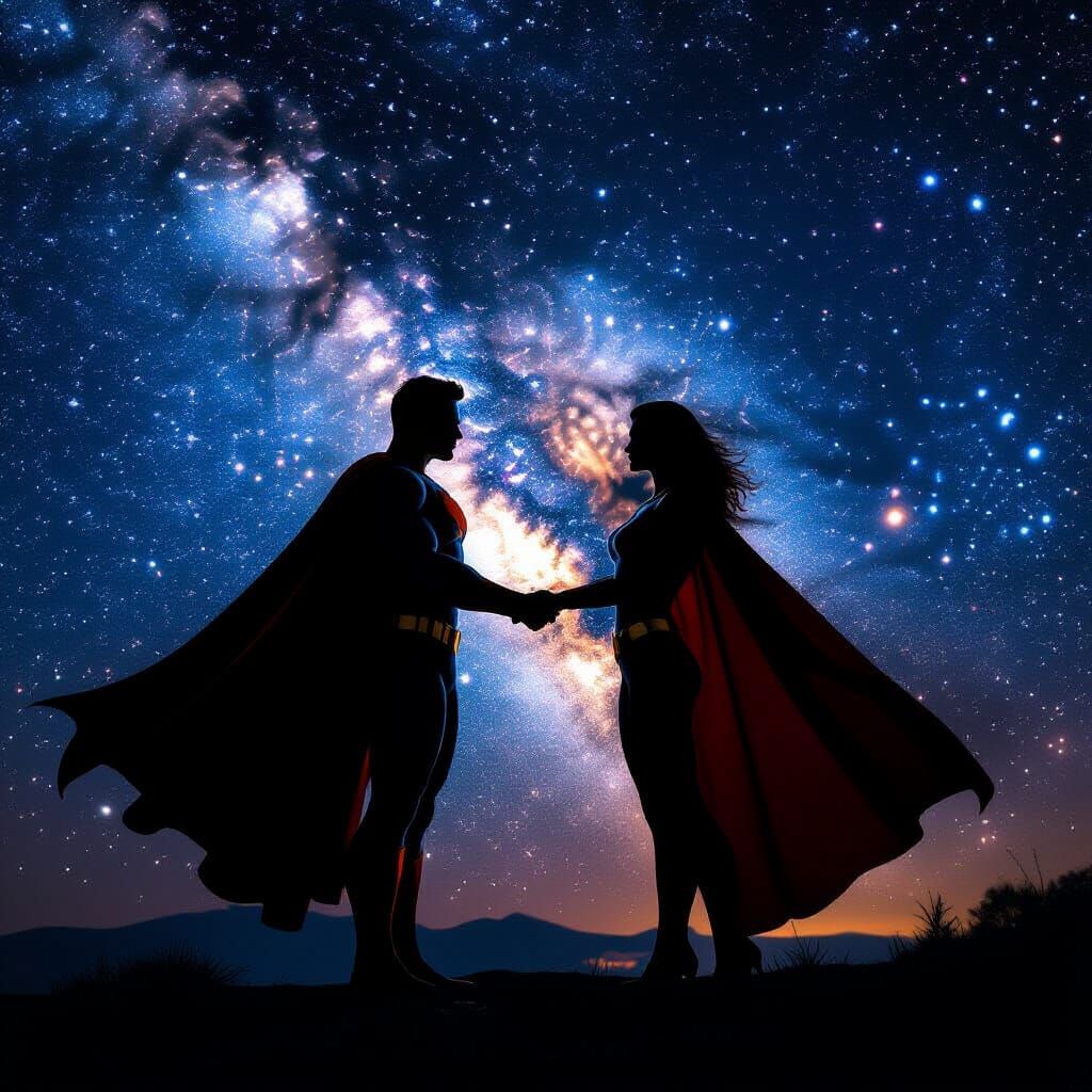 Cosmic Love Story: Silhouetted Superheroes Reach Across Gala...