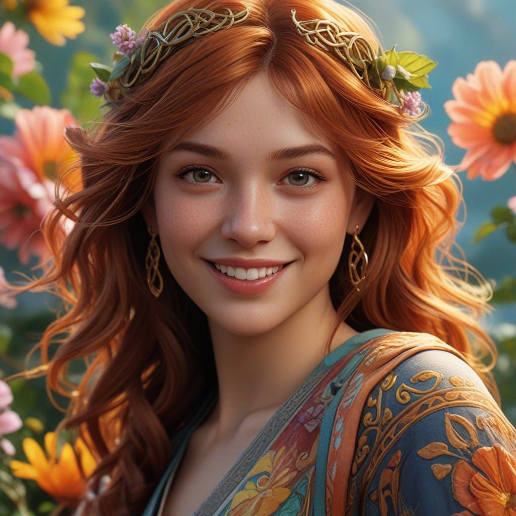 Whimsical Celtic-Southeast Asian Girl with Vibrant Oil Paint...