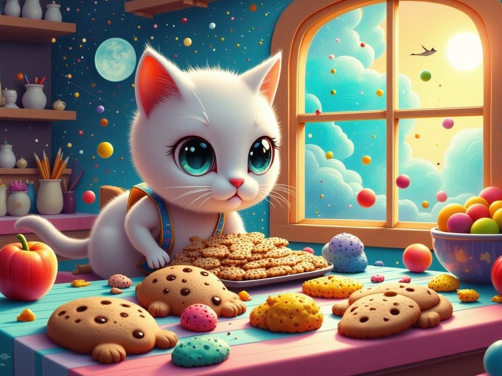 Anthropomorphic Cat Baker in Abstract Fantasy Kitchen