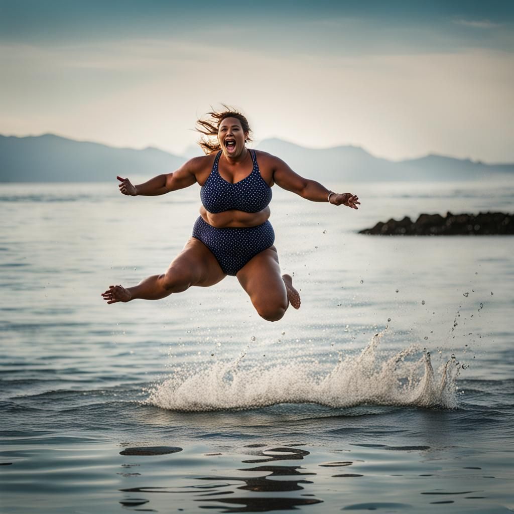 Woman's Carefree Bikini Jump Into Water