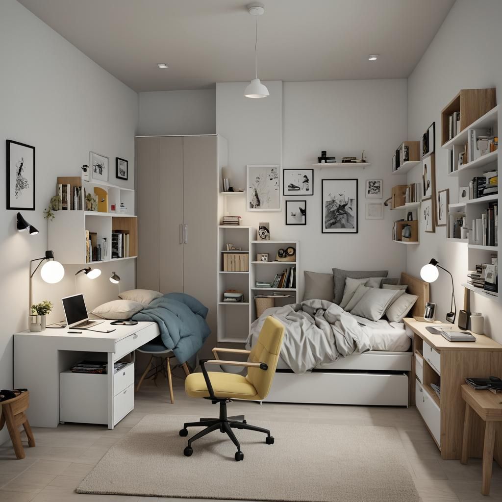 Square Room Interior with Bed and Desk