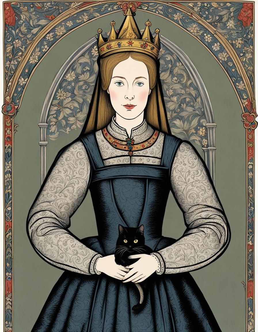 Princess with Cat in Medieval Oil Painting