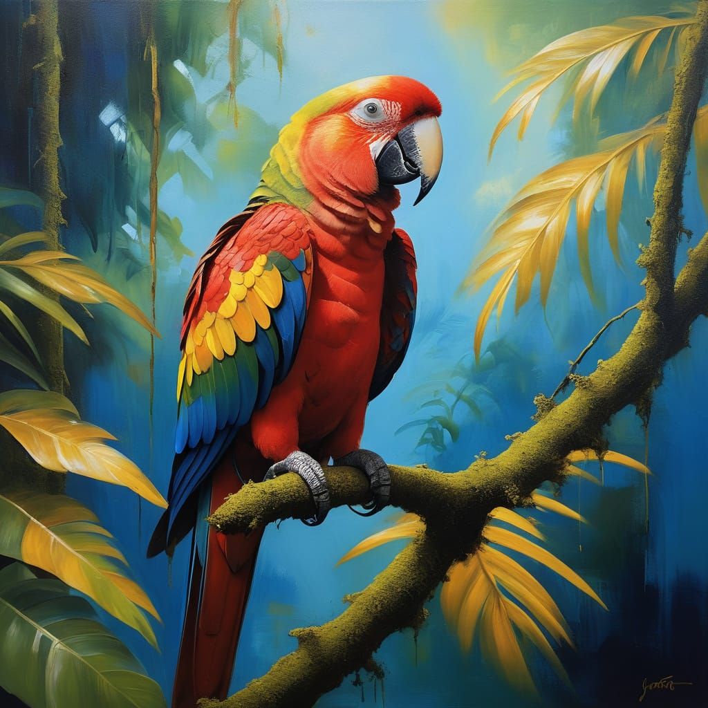 Vibrant Tropical Parrot in Impasto Oil Painting Style