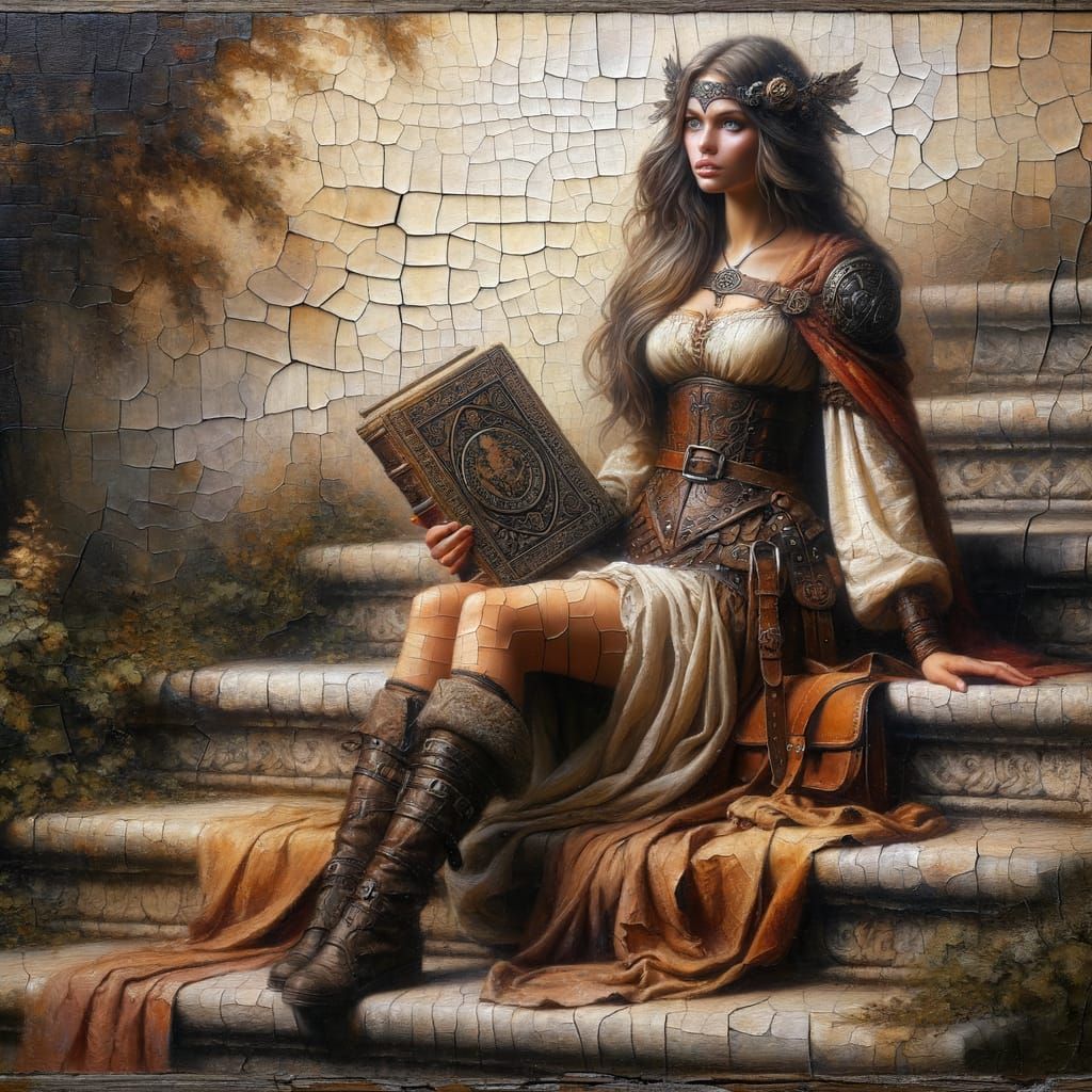Norse Goddess on Stone Steps, as Oil Painting