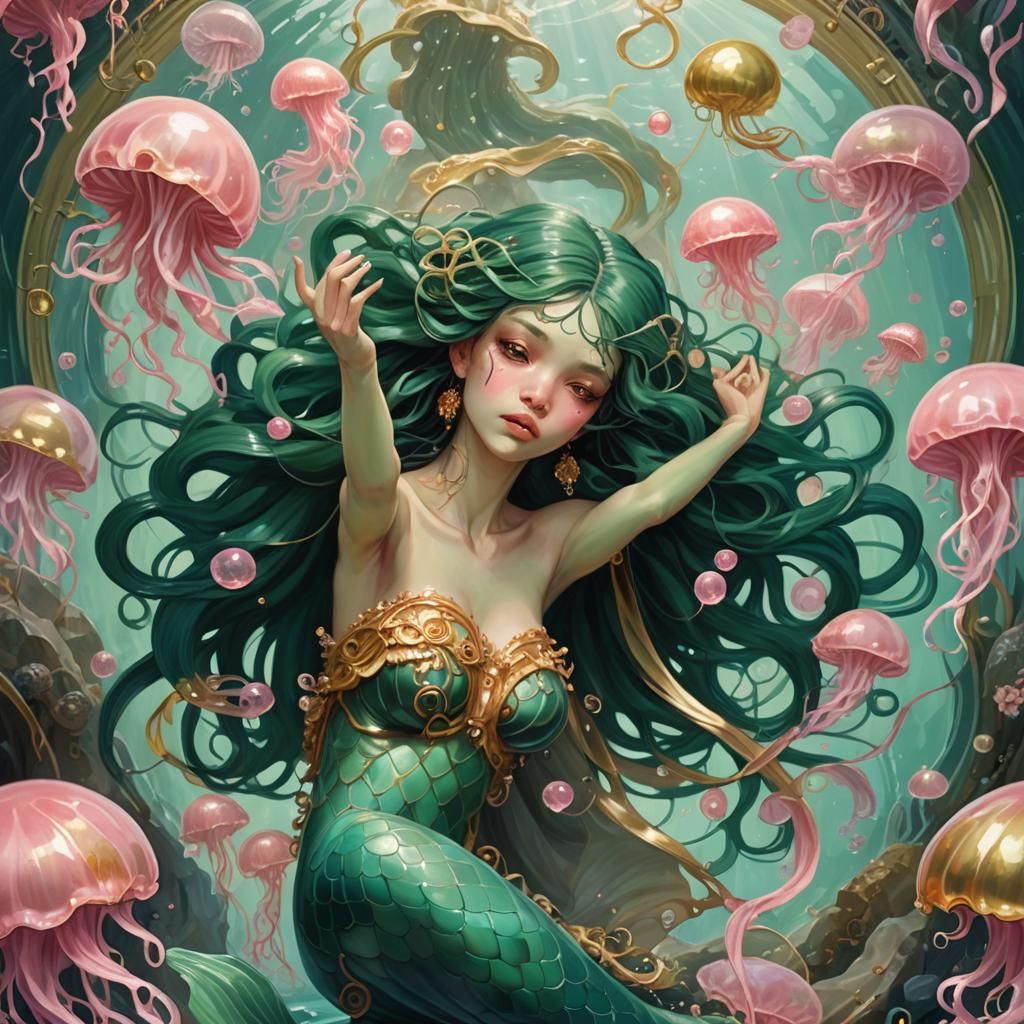 Art Deco Mermaid with Jellyfish in Oil Paint