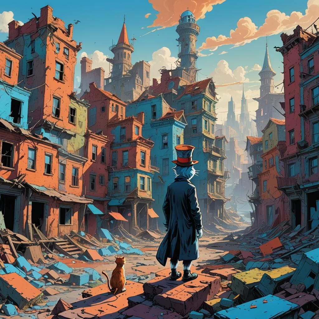 Cat in the Hat in Crumbling Cityscape