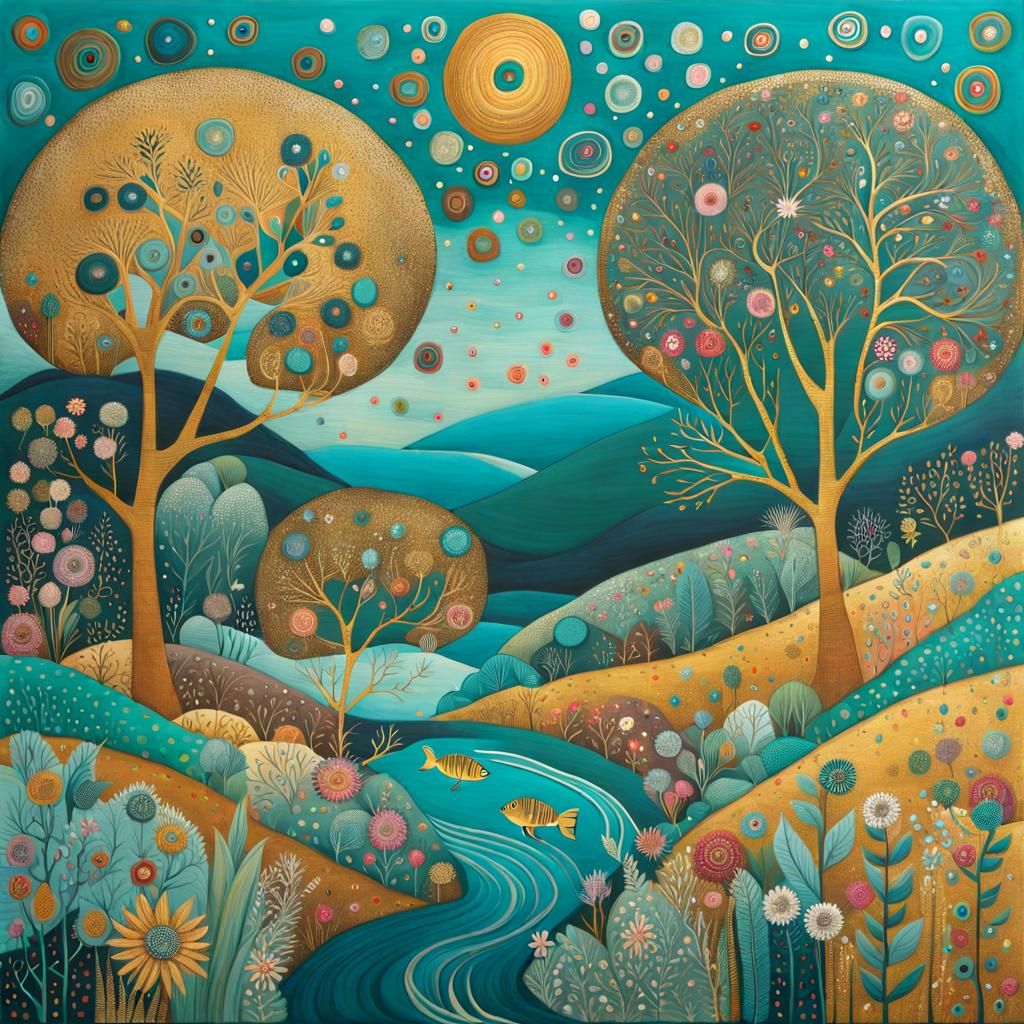 Glittering Landscape with Ancient Tree in Art Brut Style