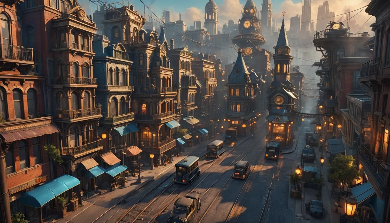 Steampunk City Street at Dusk with Amber Lights