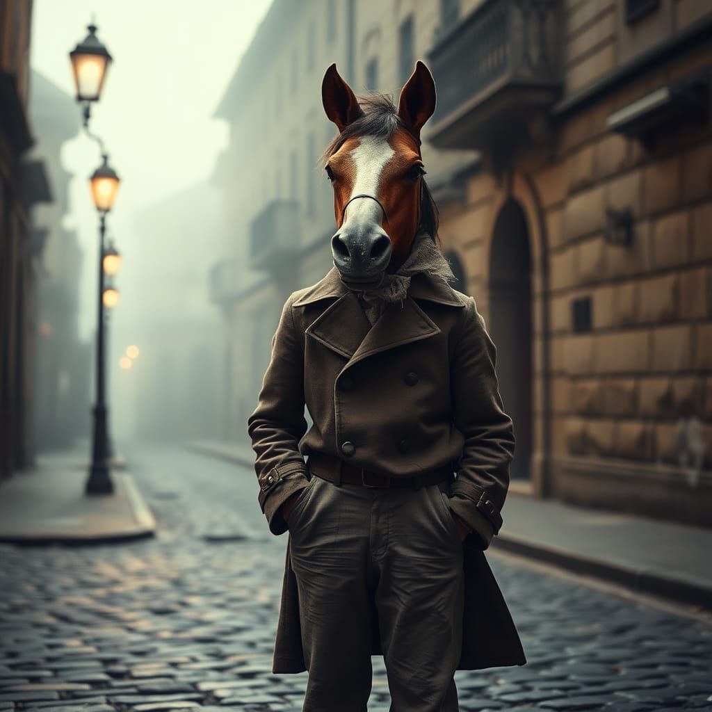 Eerie Boy in Horse Mask Sepia Photograph