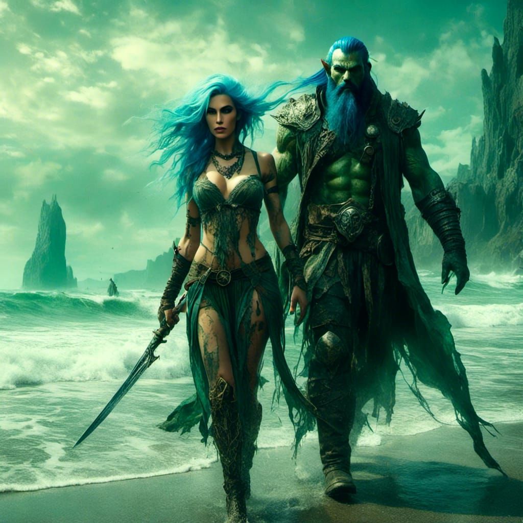 Elf Sorceress and Orc Warrior on a Beach