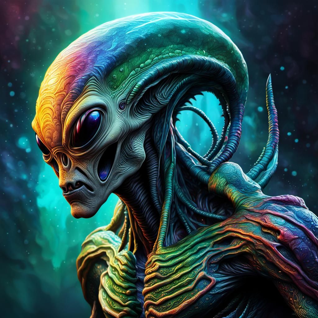 Detailed Hooded Alien Creature in Splash Art Style