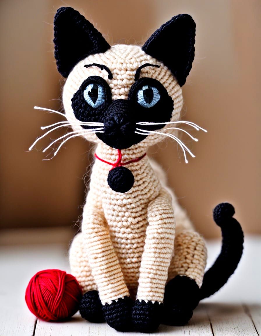 Crocheted Siamese Cat Made of Yarn