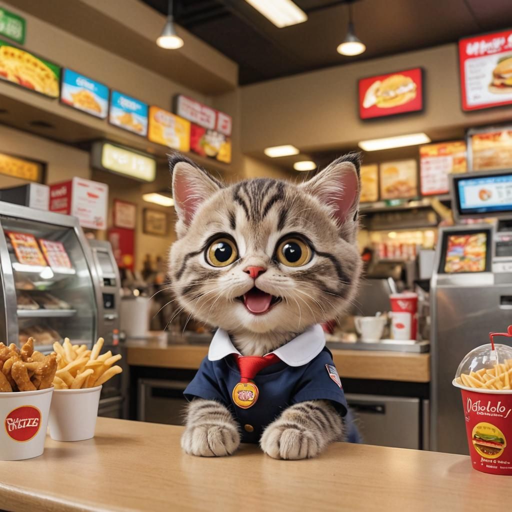 Adorable Kitten Working as Fast Food Cashier