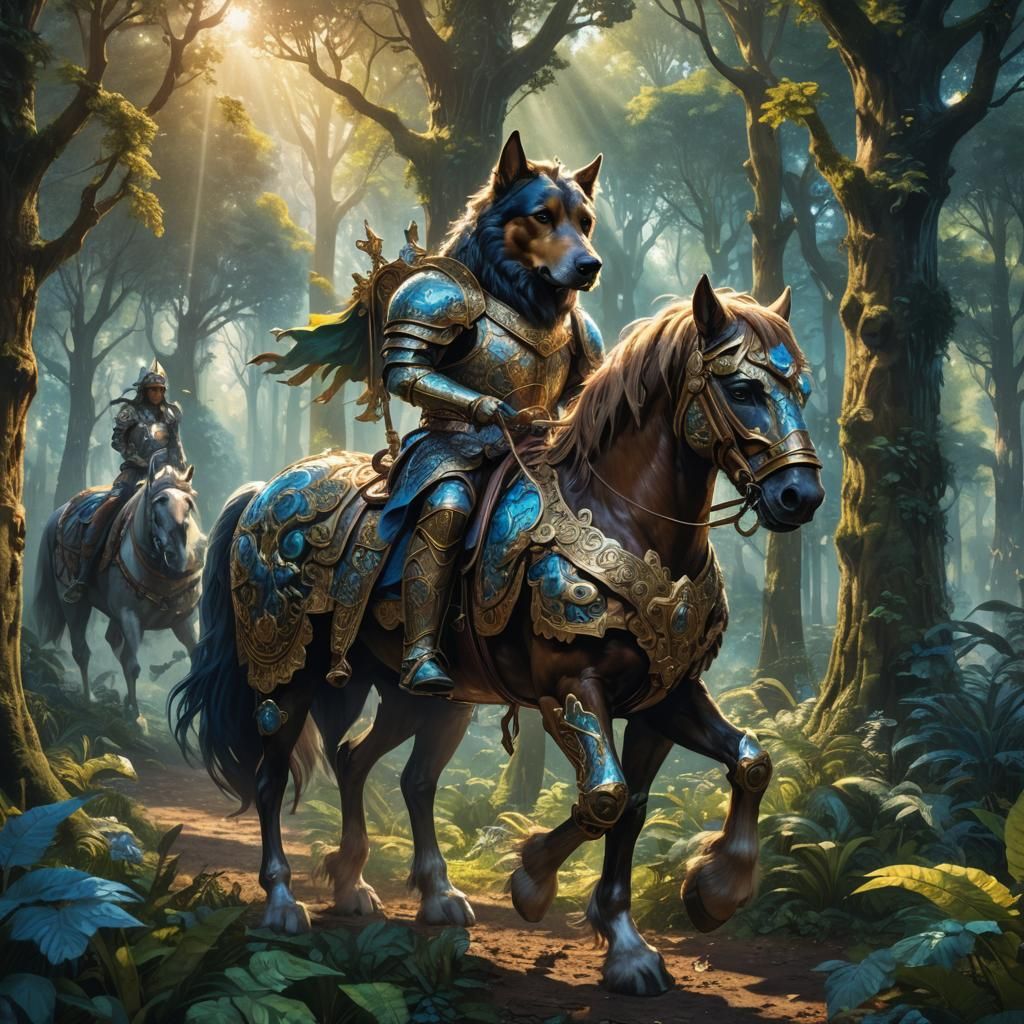 Armored Dog Riding Horse in Mystical Forest