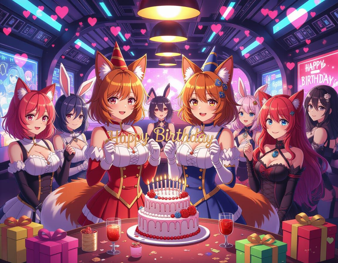 Fox Women Birthday Party in Anime Style Space Station