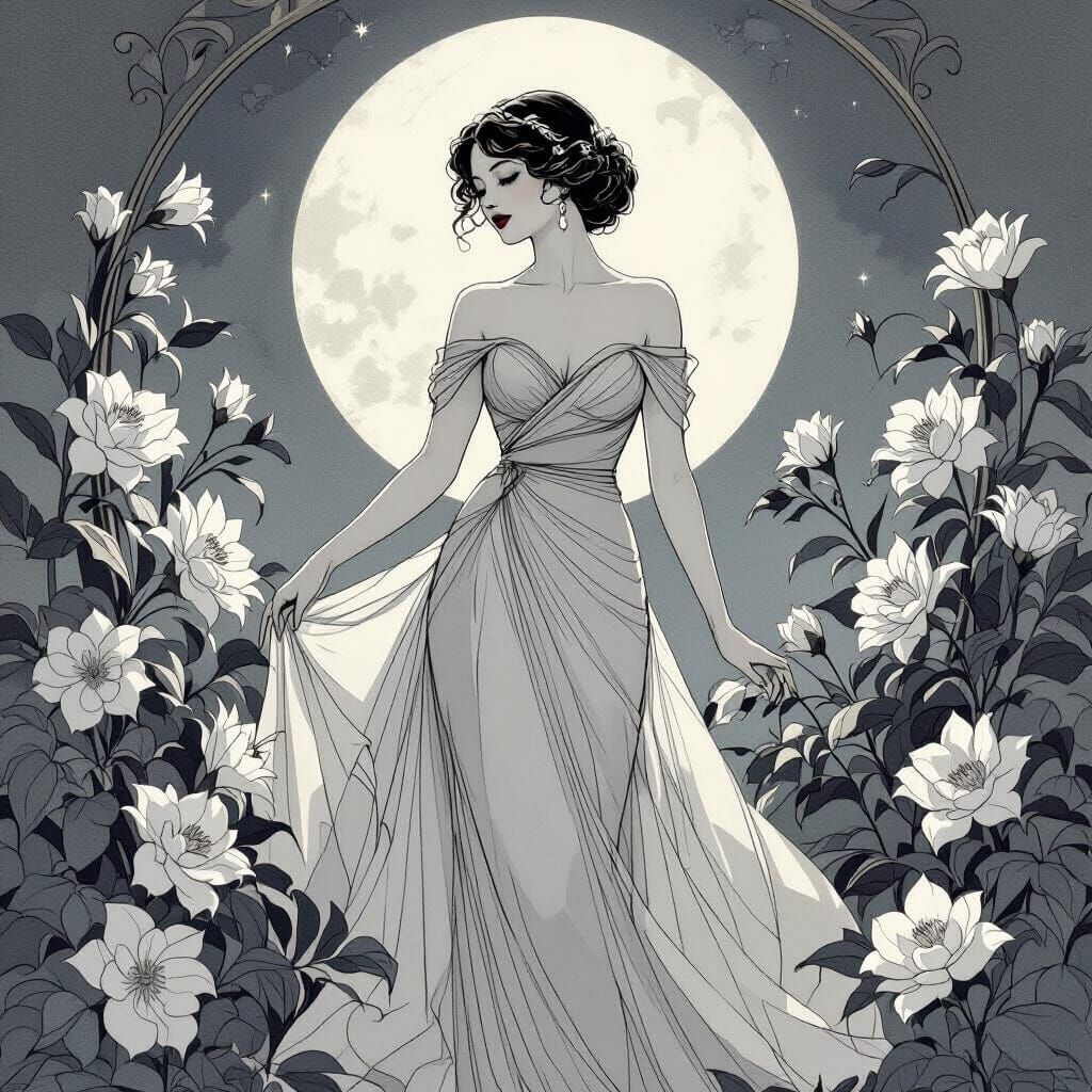 Elegant Woman in Moonlight, Delicate Line Art