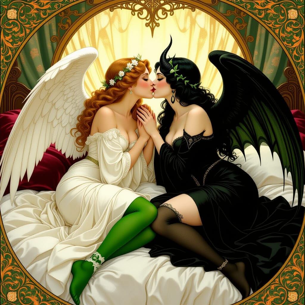 Angelic and Demonic Women Kissing in Art Nouveau Style