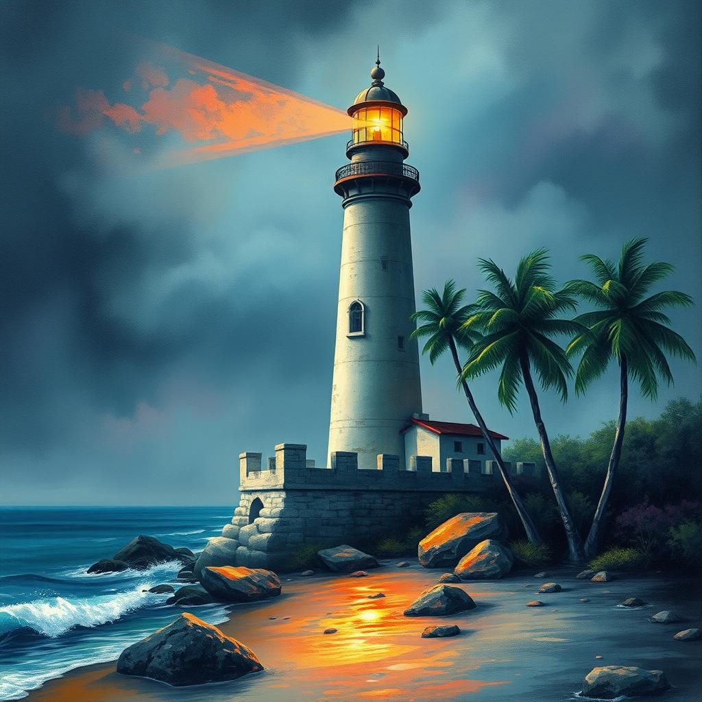 Eerie Lighthouse with Palm Trees in Watercolor Style
