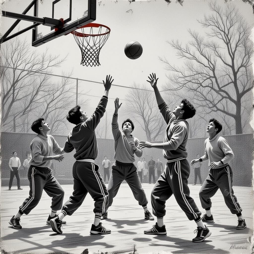 Students Play Basketball as Charcoal Drawing