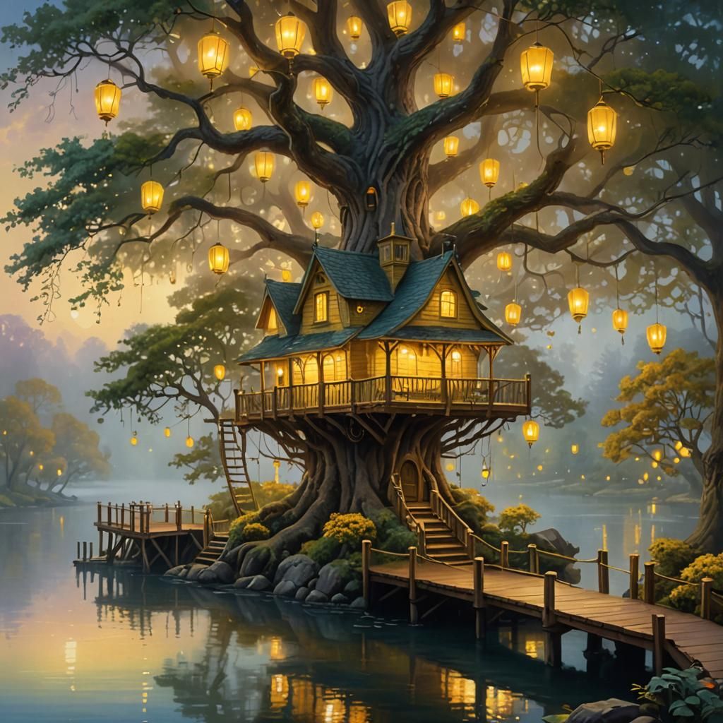 Ethereal Treehouse Town in Golden Light