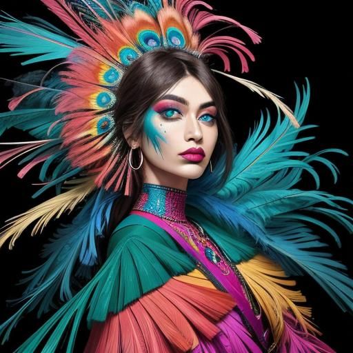 Abstract Expressionist Woman with Peacock Feather Hair
