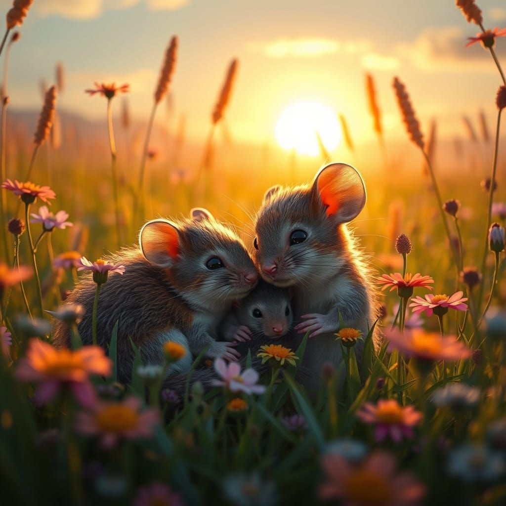 Mother Mouse and Baby Mouse in a Vibrant Meadow Landscape