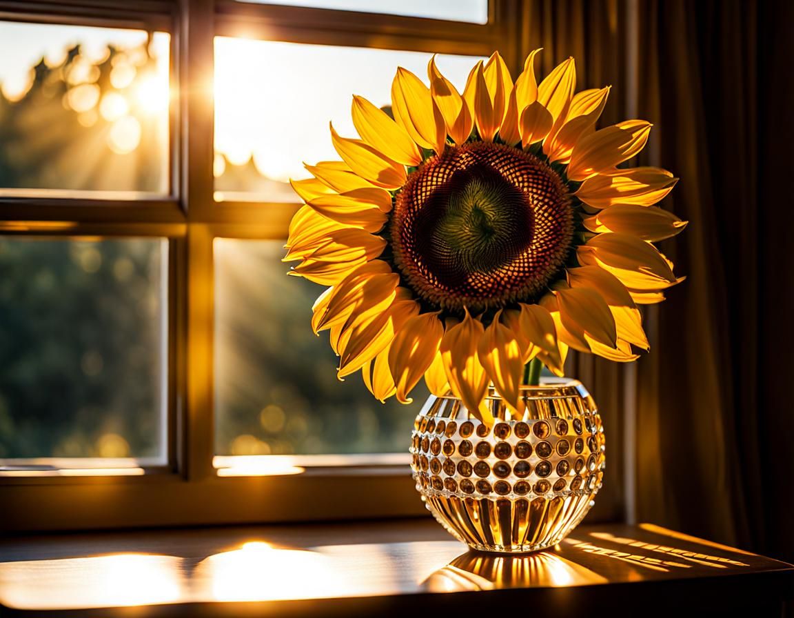 Glowing Sunflower in Gold and Crystal Vase