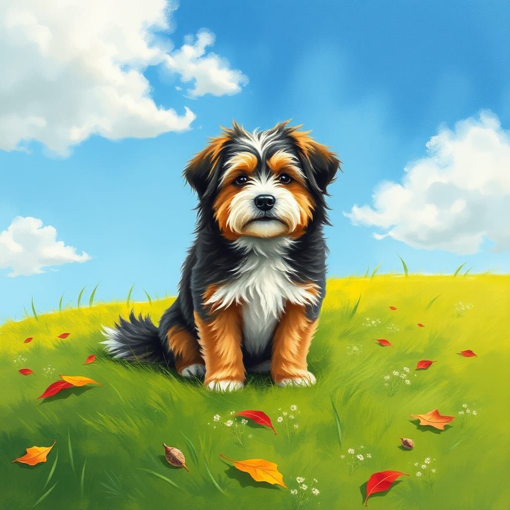 Fluffy Dog on Green Hill, Impressionist Painting