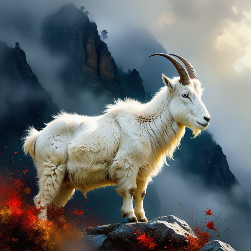 Mountain Goat in Autumn Landscape