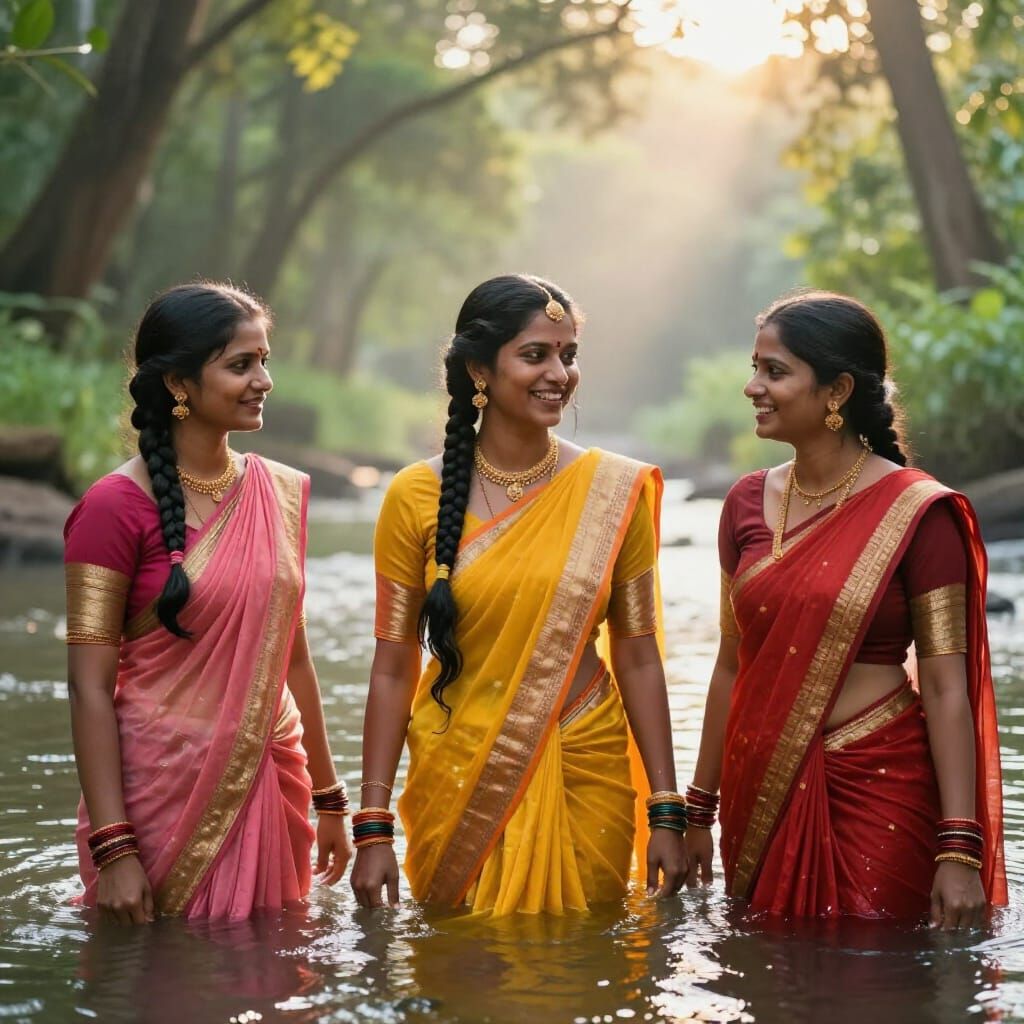 Joyful Indian Women in Sunlit River, Photorealistic Style