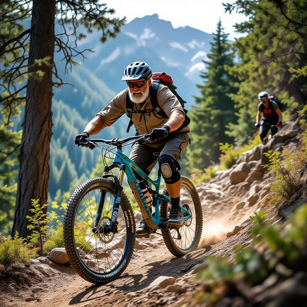 Determined Old Man Rides Mountain Bike