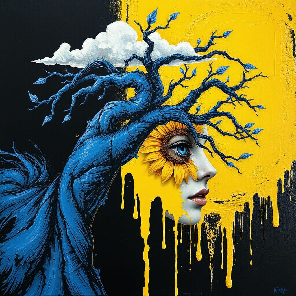 Surreal Blue Tree in Abstract Impasto Style with Thick Brush...