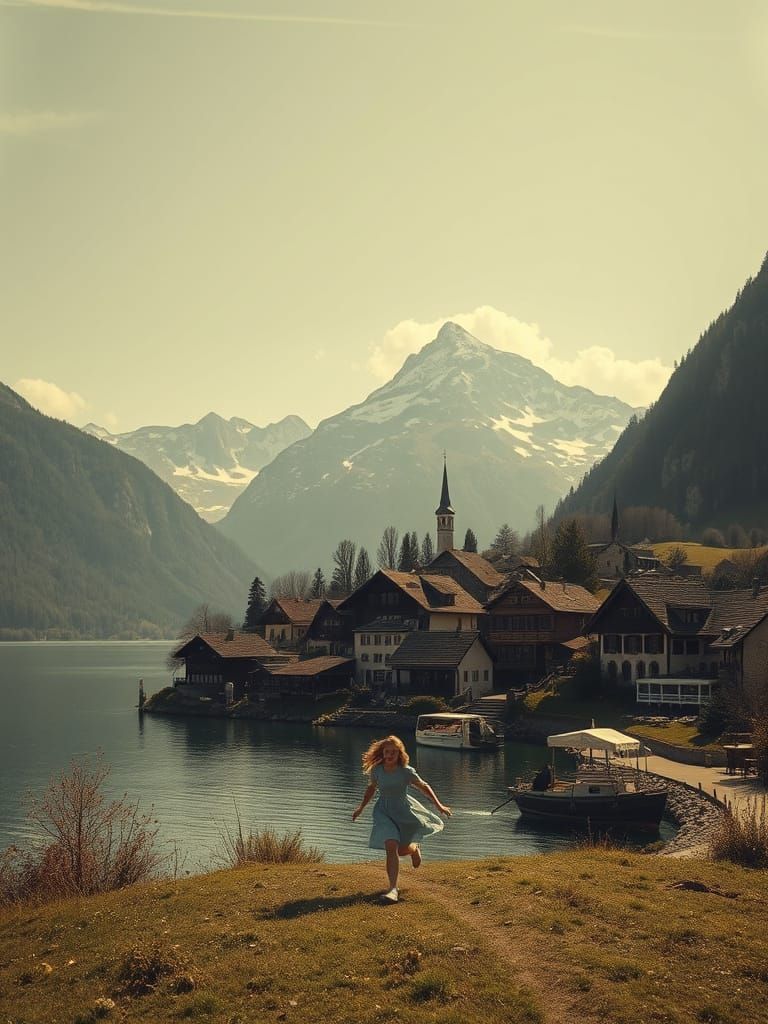 Retro Sepia Village by Lake, Swiss Alps Overlook