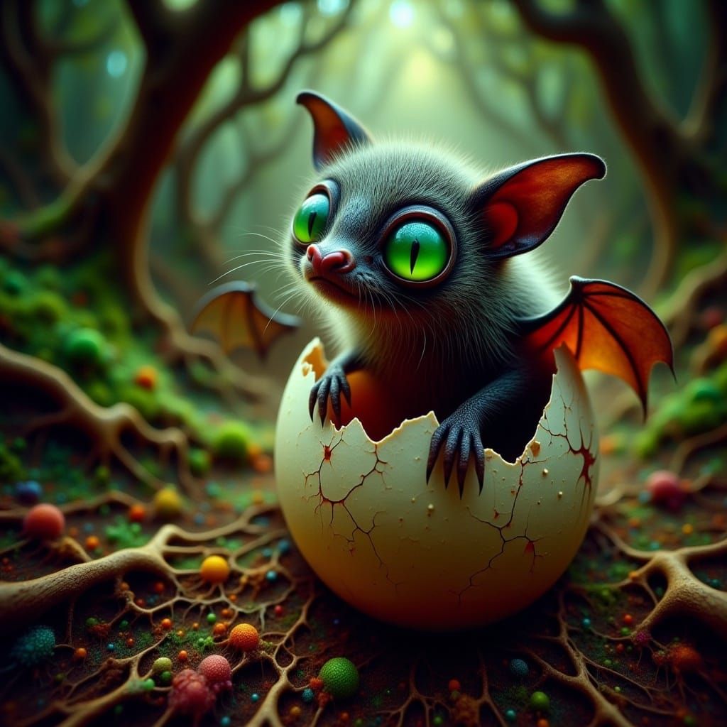 Cute Bat Hatching in Forest: Surreal Art
