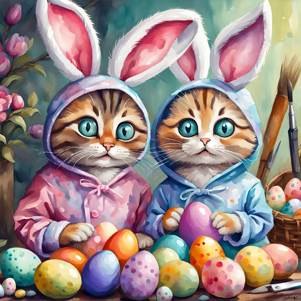 Cats in Bunny Costumes Painting Easter Eggs