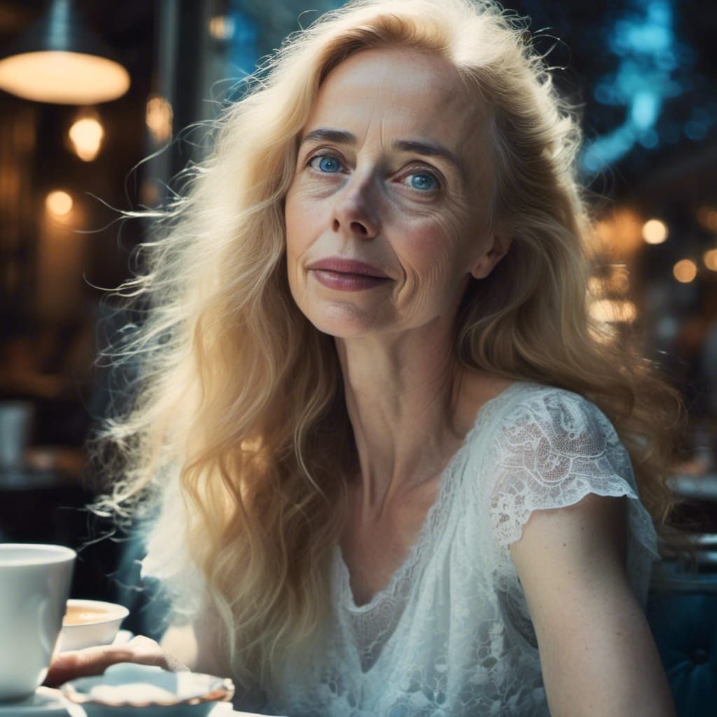 Futuristic Woman in Cafe: Digital Portrait