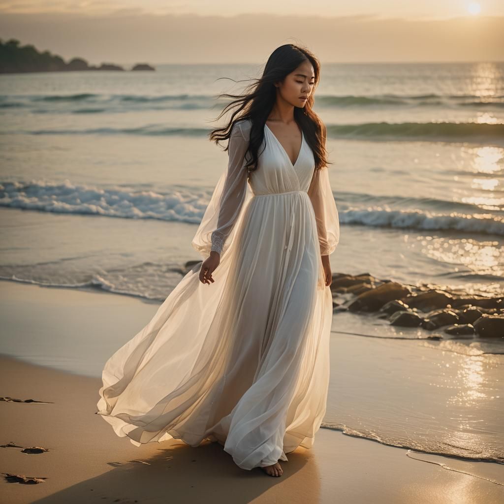 Woman in White Gown at Sunrise, Cinematic Lighting