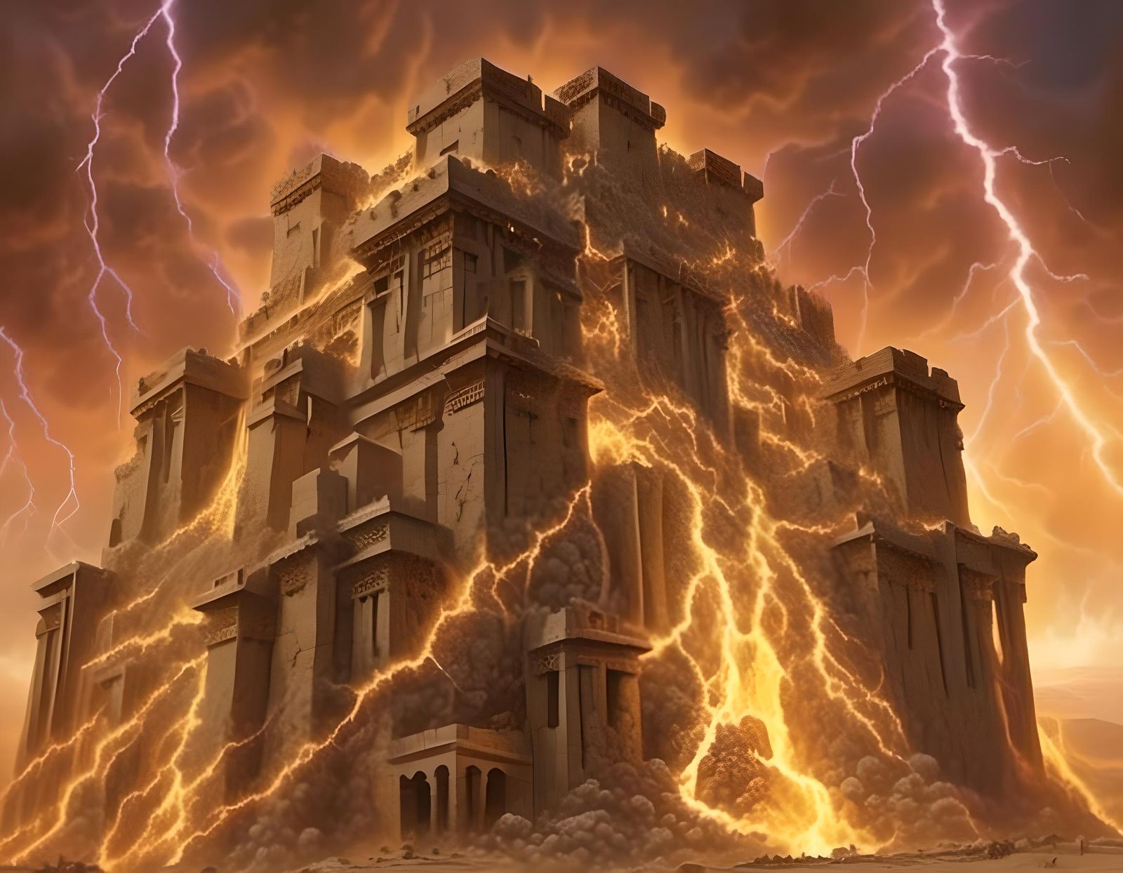 Tower of Babel Ablaze in Stormy Fractal Art