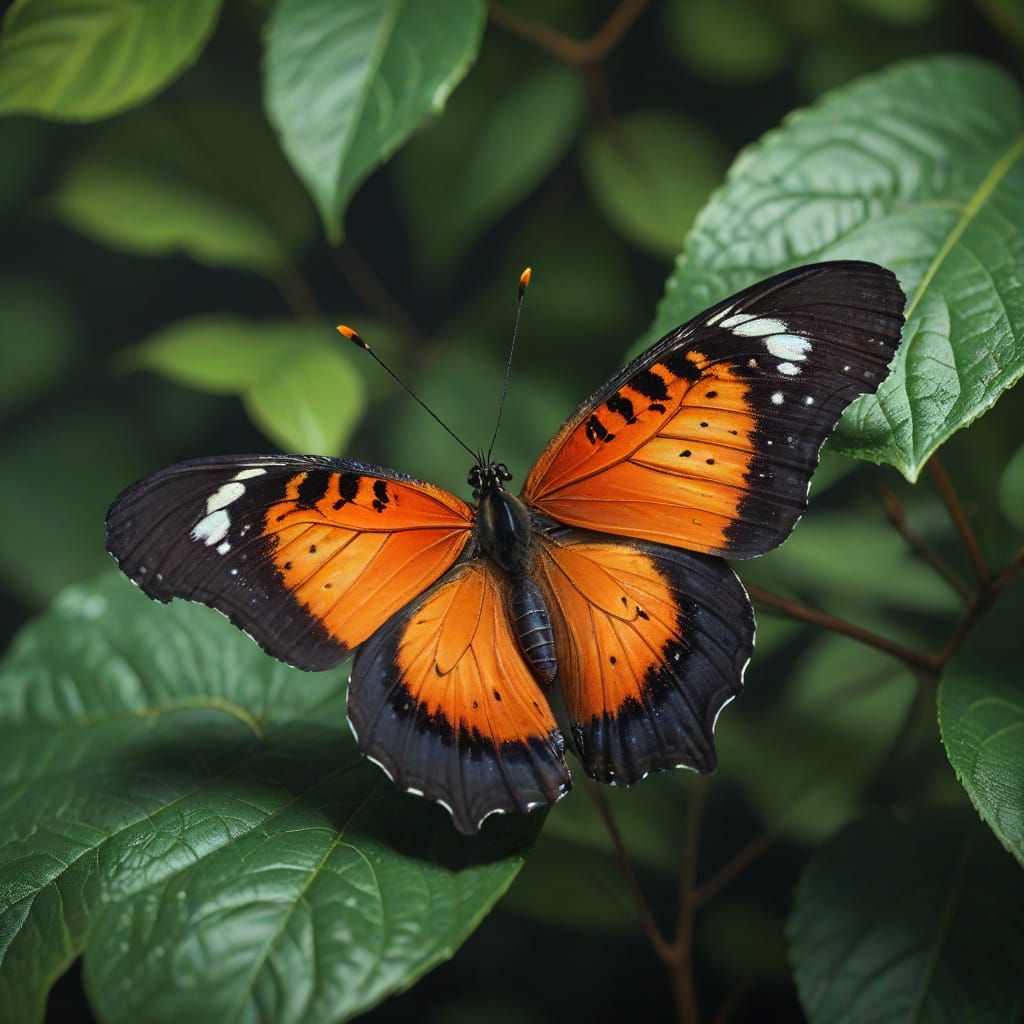 Vibrant Orange Butterfly Perched on Green Leaf in Photoreali...
