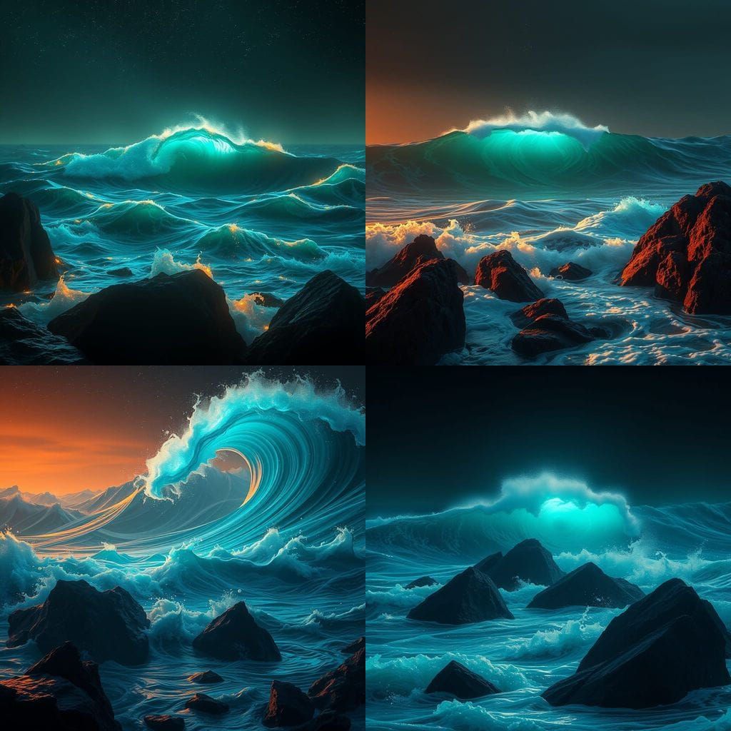 Ethereal Bioluminescent Waves in Vibrant Triadic Colors